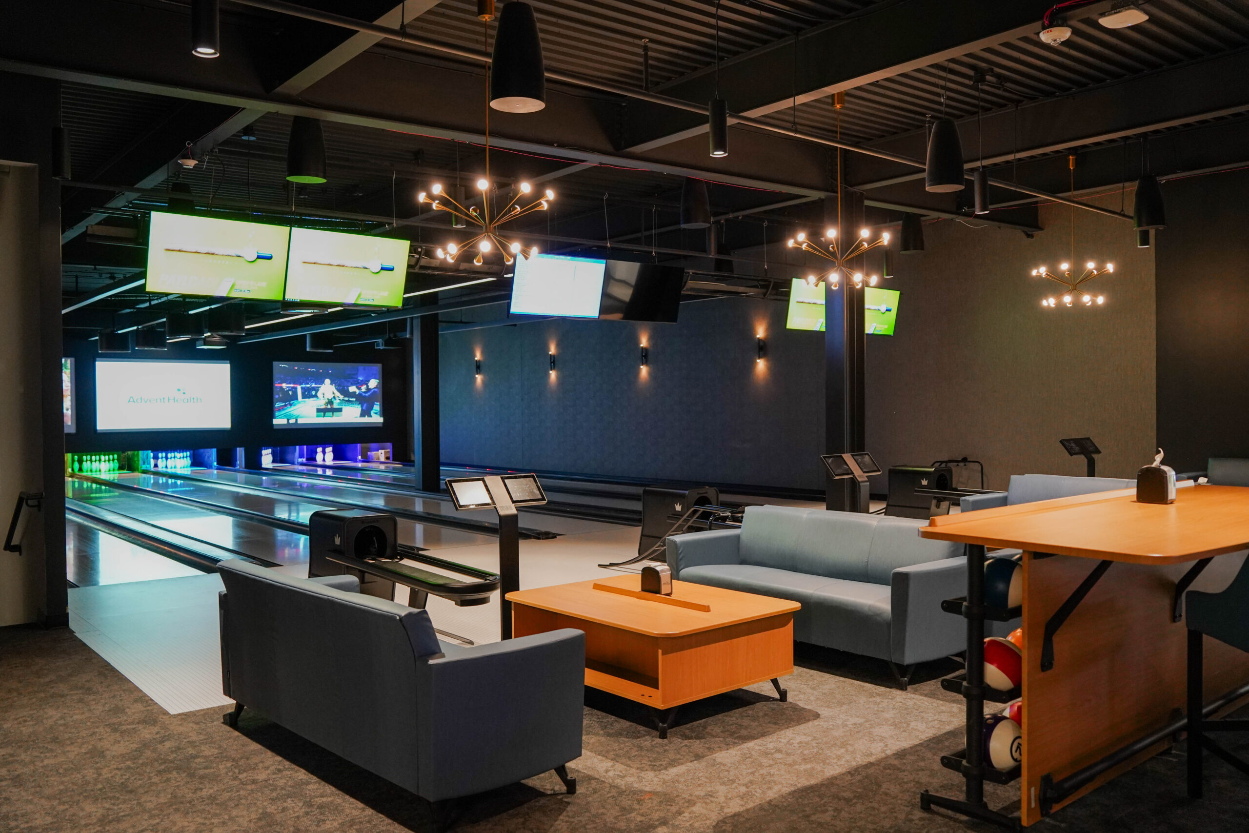 Bowling alley lounge and couches at Bluhawk Sports Park