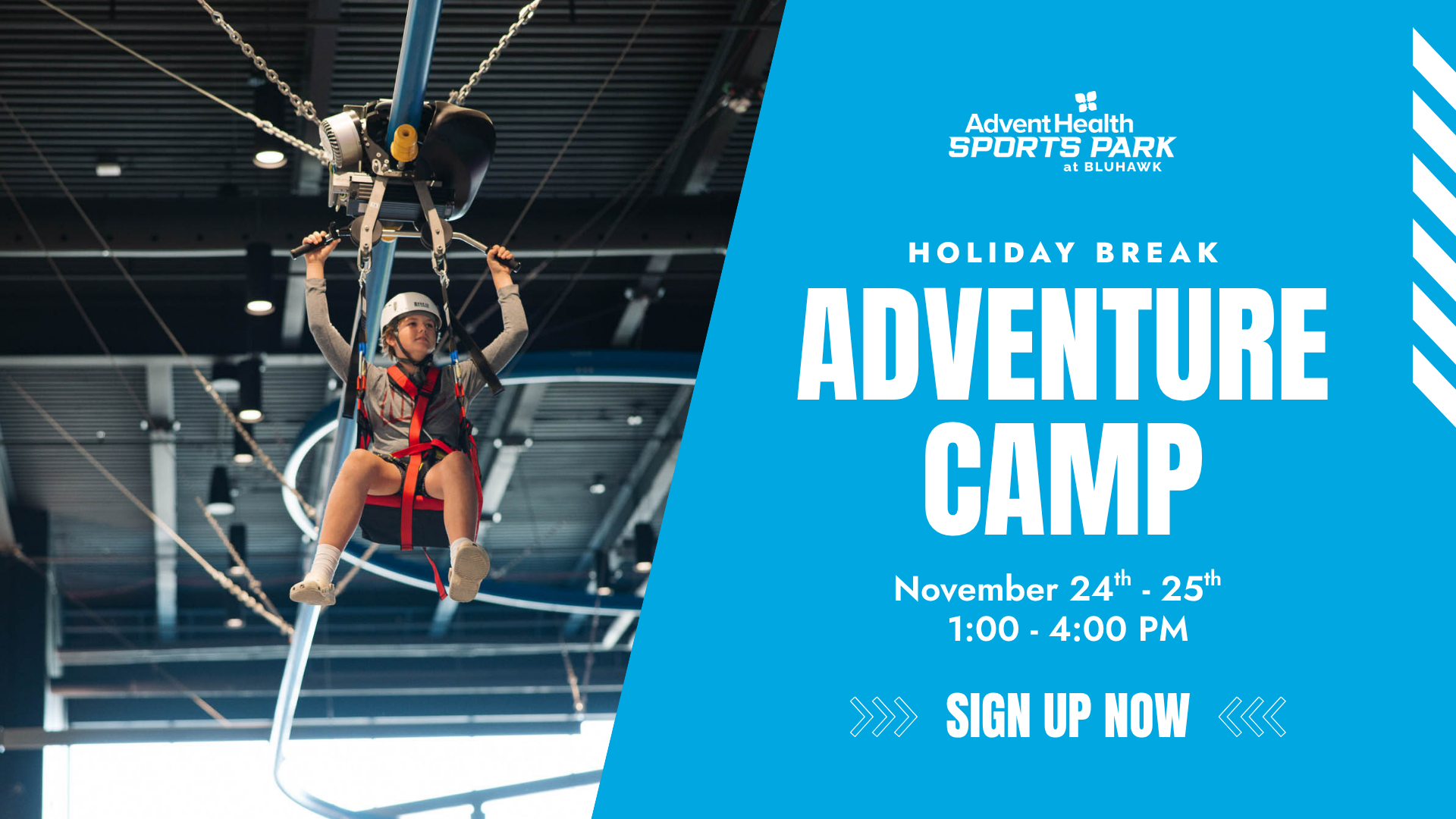 Adventure Camp at AdventHealth Sports Park at Bluhawk and Hawks Outpost in Overland Park KS. Holiday Break, No School Camp.